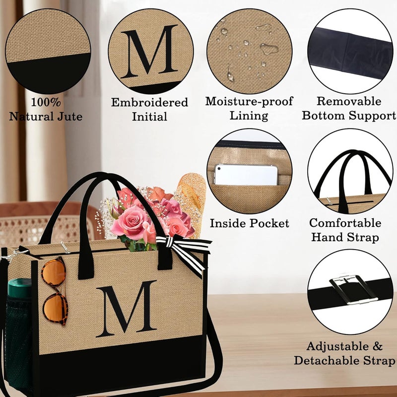 YOOLIFE Gifts for Women - Initial Jute Tote Bag & Makeup Bag, Valentines Day Gifts for Her Teacher Mom Wife Friend Birthday - Image 4